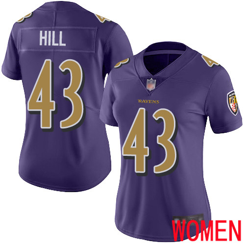Baltimore Ravens Limited Purple Women Justice Hill Jersey NFL Football #43 Rush Vapor Untouchable->youth nfl jersey->Youth Jersey